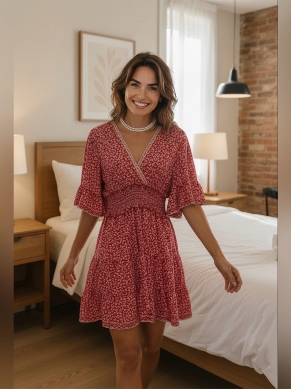 Max Studio Red White Floral Smocked Waist Surplice Crepe Mini Dress